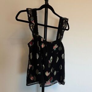 Sezane Black Top with Gold and Pink Floral Design